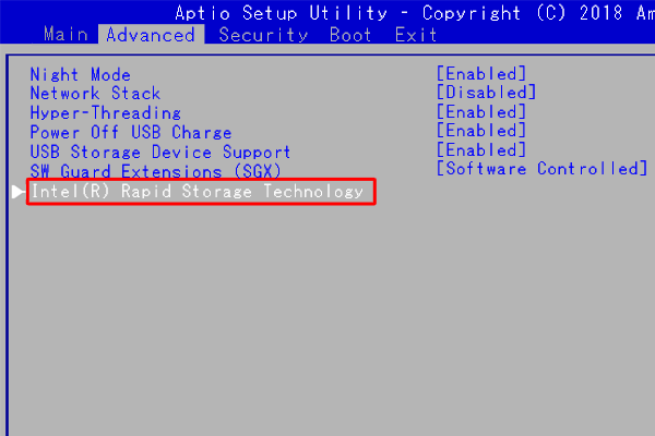 「Intel(R) Rapid Storage Technology」に合わせ、「Enter」キーを押します