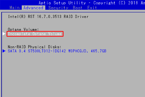 「Incomplete Optane Volume」に合わせ、「Enter」キーを押します