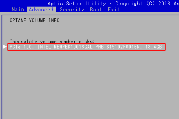 「PCIe 1.0, INTEL MEMPEK1J016GAL（シリアルナンバー）13.4GB」を選択し、「Enter」キーを押します
