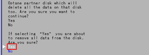 「Reset to non-Optane」を選択し、「Enter」キーを押します