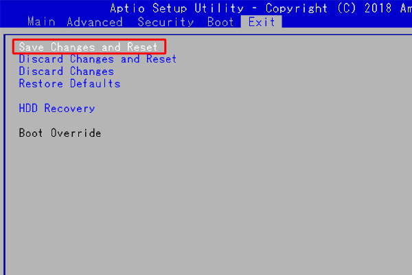 「Save Changes and Reset」に合わせ、「Enter」キーを押します
