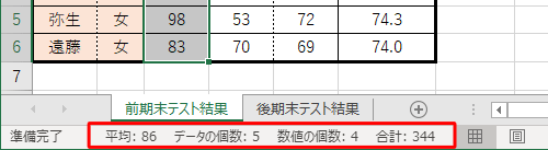 （例）「平均」「データの個数」「数値の個数」「合計」を確認する