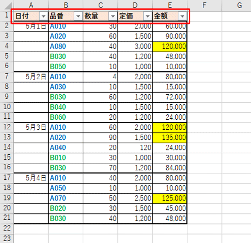 見出し行に「フィルター」が設定できたことを確認してください