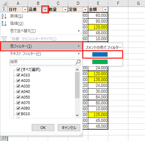 抽出したい列のタイトルセルに表示されている「▼」をクリックし、「色フィルター」と「テキストフィルタ」が表示されたら、指定する条件をクリックします
