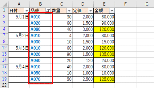 「品番」の列のフォントが青色の行だけが抽出されます