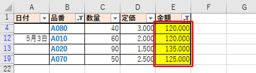 「品番」の列のフォントが青色で、「金額」の列のセルが黄色の行だけが抽出されます