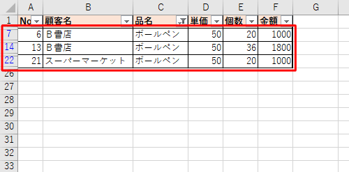 選択した値を含む行だけが表示されたことを確認してください