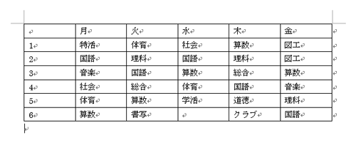 表のセルに、曜日や時間、科目を入力します