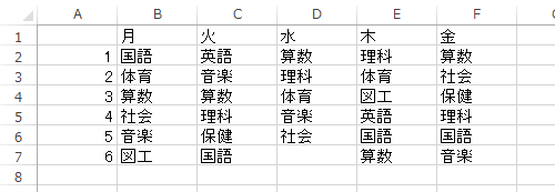 セルに曜日や時間、科目を入力します