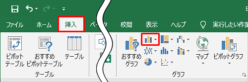 「挿入」タブをクリックし、「グラフ」グループから「縦棒/横棒グラフの挿入」をクリックします