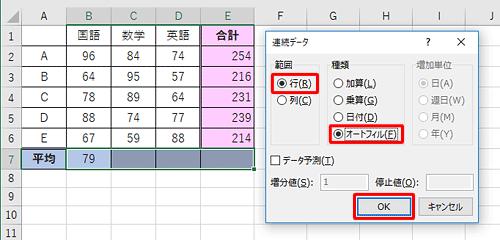 「範囲」欄から連続してコピーする方向「列」をクリックし、「種類」欄から「オートフィル」をクリックして、「OK」をクリックします