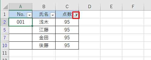 列見出しにフィルター機能のアイコンが表示され、右端のようなアイコンが表示されていないかを確認します