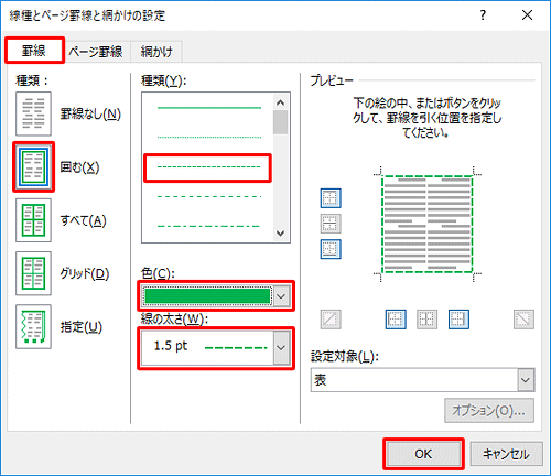 「罫線」タブをクリックし、各項目を設定して「OK」をクリックします