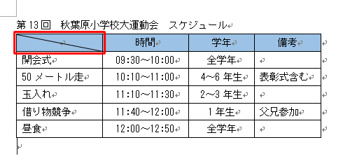 表のセルに斜線を引いた状態