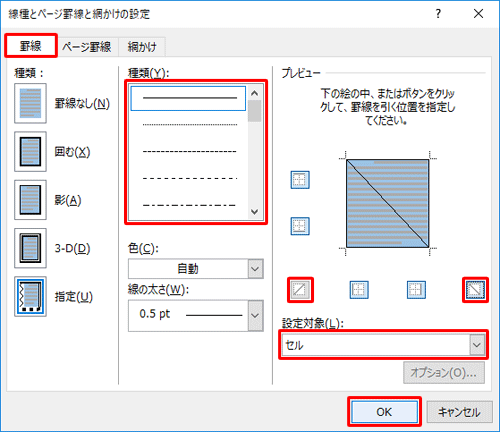 「罫線」タブをクリックし、以下の項目を指定して「OK」をクリックします