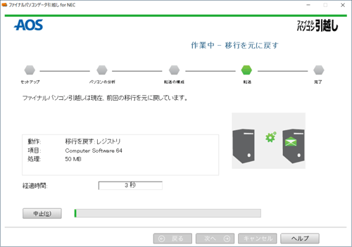 「ファイナルパソコン引越しは現在、前回の移行を元に戻しています。」と表示されたら、完了するまでしばらく待ちます