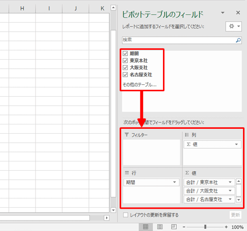 新しいシートが作成されたら、画面右側の「ピボットテーブルのフィールド」欄で、任意の項目を「フィルター」「列」「行」「値」ボックスにドラッグ&ドロップします