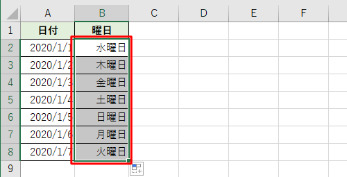 セル「B2」に設定した書式が、セル「B8」までコピーされます