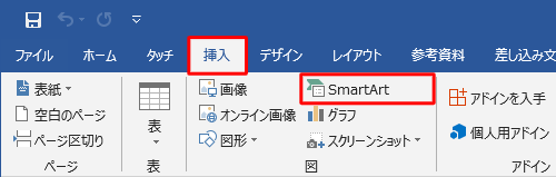 リボンから「挿入」タブをクリックし、「図」グループの「SmartArt」をクリックします