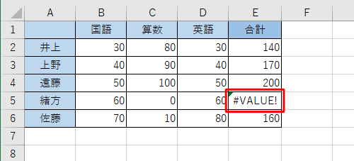 セルのエラー表示（一例）