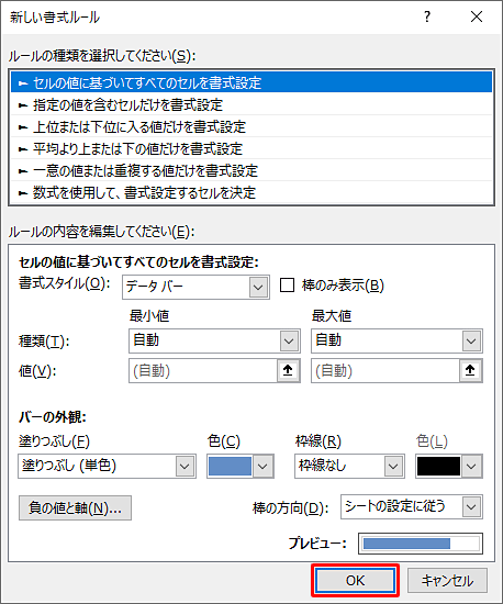 「その他のルール」をクリックすると「新しい書式ルール」が表示され、グラフの線種やグラフの値など簡易グラフの表示形式を詳細に設定できます