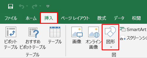 リボンから「挿入」タブをクリックし、「図」グループの「図形」をクリックします