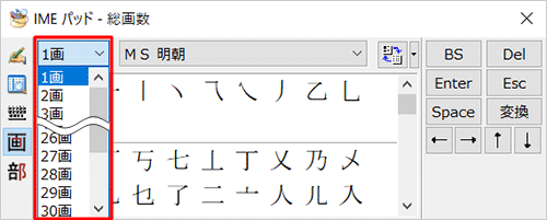 「総画数」ボックスから、入力したい漢字の画数をクリックします