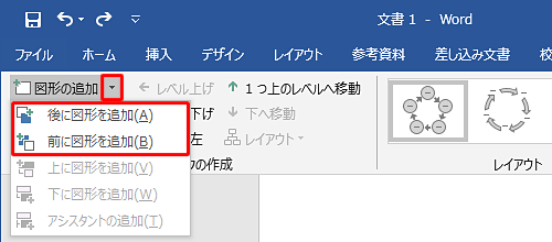 「図形の追加」の下矢印をクリックすると、図形を追加する位置を前後から選択できます