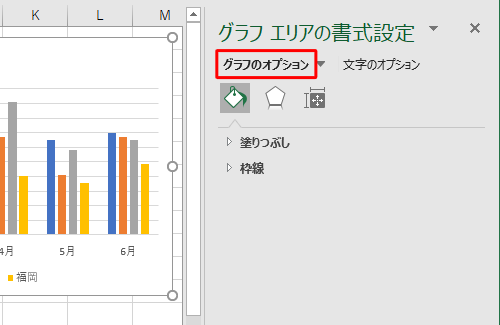 書式を変更したい箇所に応じて、「グラフのオプション」または「文字のオプション」をクリックします