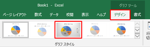 リボンから「デザイン」タブをクリックし、「グラフスタイル」グループのボックスから任意のスタイルをクリックします