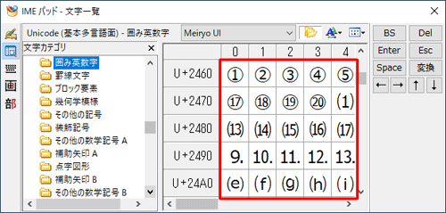 右側に選択したカテゴリの文字一覧が表示されるので、任意の文字をクリックします