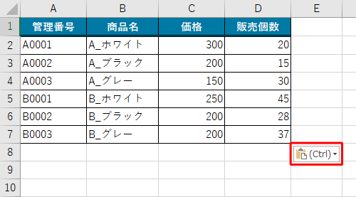 貼り付けオプションボタンが表示された状態