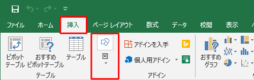 リボンから「挿入」タブをクリックして、「図」をクリックします