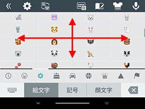 「絵文字/記号/顔文字」入力は、上下左右にスクロールするとさまざまな文字や記号などが表示されます