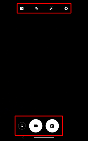 画面上下のアイコンから、撮影時の効果やカメラの前面背面切り替えなどを設定できます