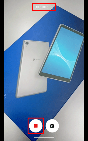 ビデオ撮影中は、画面上部に録画時間が表示され、画面下部に表示された「停止ボタン」をタップすると、撮影が終了します
