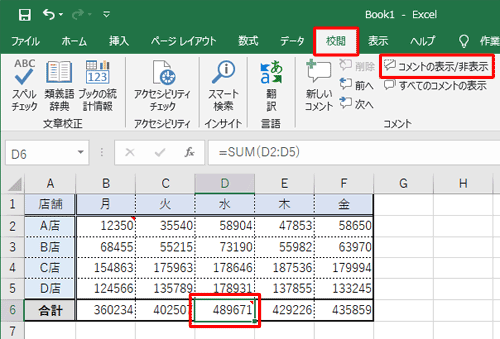 表示したいコメントが挿入されているセルをクリックして、リボンから「校閲」タブをクリックし、「コメント」グループの「コメントの表示/非表示」をクリックします