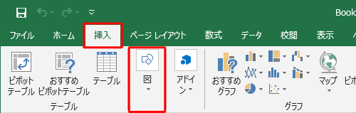 リボンから「挿入」タブをクリックし、「図」をクリックします
