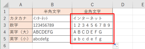 半角文字を全角文字に変換した状態（一例）