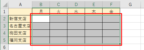 データを入力する箇所をドラッグして範囲選択します