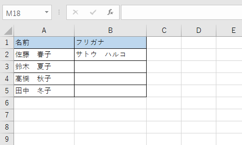 セル「A2」のふりがなが、セル「B2」に表示されたことを確認してください