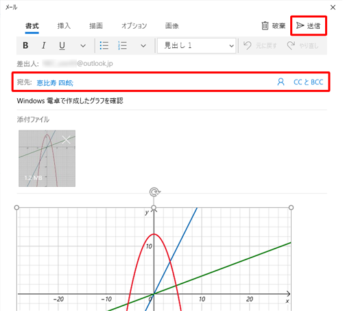 任意の宛先を入力し、「送信」をクリックします