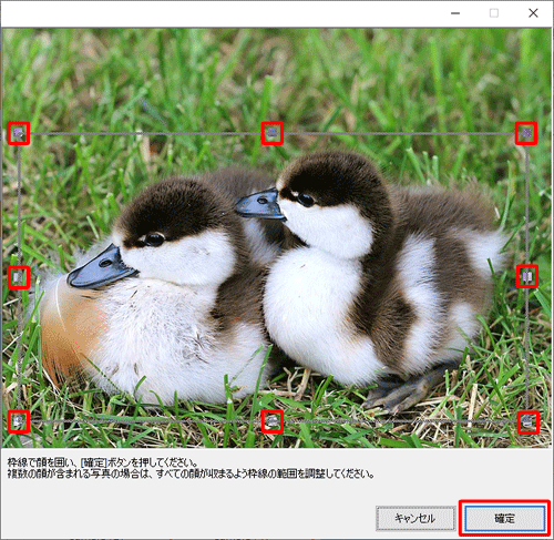 写真の辺のハンドル（■）をドラッグして大きさを調整し、「確定」をクリックします