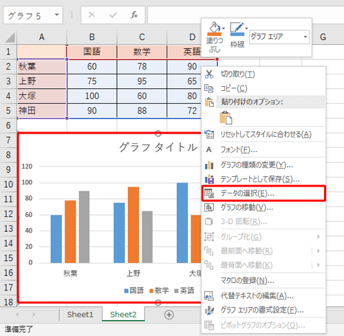 「集合縦棒」グラフの空白部分を右クリックし、表示された一覧から「データの選択」をクリックします