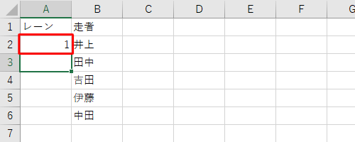 セルA2に「 1 」（行番号から1を引いた値）が表示されていることを確認します