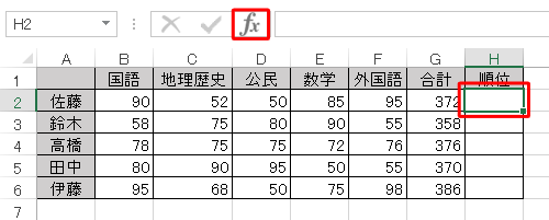 「順位」を求めるセル「H2」をクリックし、「関数の挿入」をクリックします