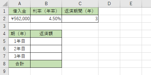 ローンの利率や返済期間などのデータを入力します