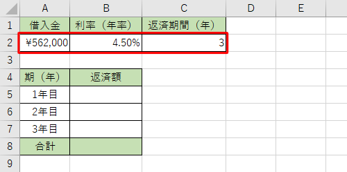 各項目に該当するセルを入力します