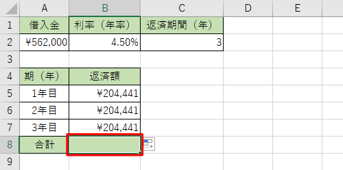 セルB8をクリックします
