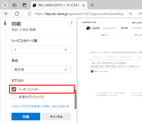 「オプション」欄から、「ヘッダーとフッター」にチェックを入れて有効にします